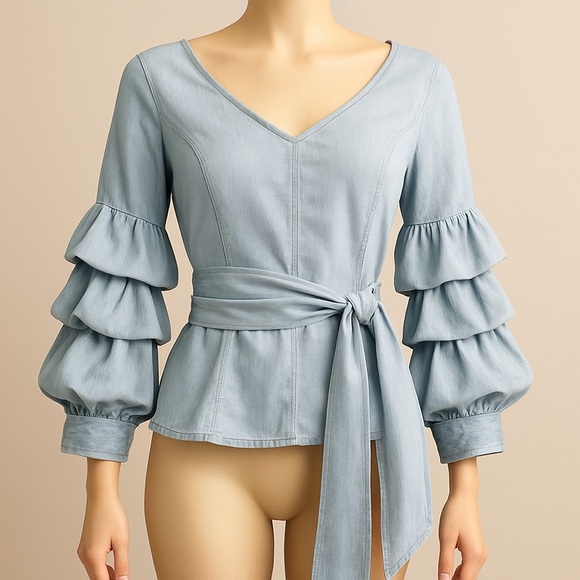 WHITE HOUSE BLACK MARKET stonewashed denim blouse with self ties women’s size 4 - Picture 1 of 16